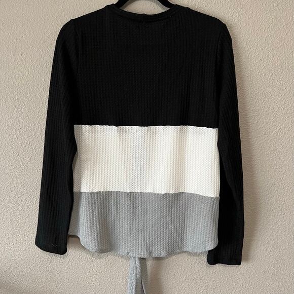 Color Blocking Button Down Tie Front V-Neck Waffle Knit Womens Long Sleeve Top - Picture 9 of 9